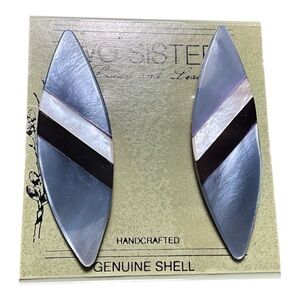 Vintage Abalone Shell Inlay Earrings Long Marquise Blue Black Mother of Pearl